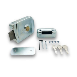 Electrocerradura Viro 90 al costado, con casquete horizontal, requiere alimentación de 12V. Con cilindro horizontal para ser ins