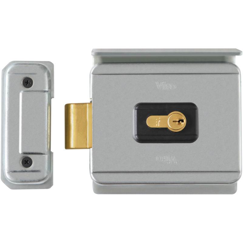 Electrocerradura Viro V90 al costado, apertura hacia afuera, con casquete horizontal, requiere alimentación de 12V. Con cilindro