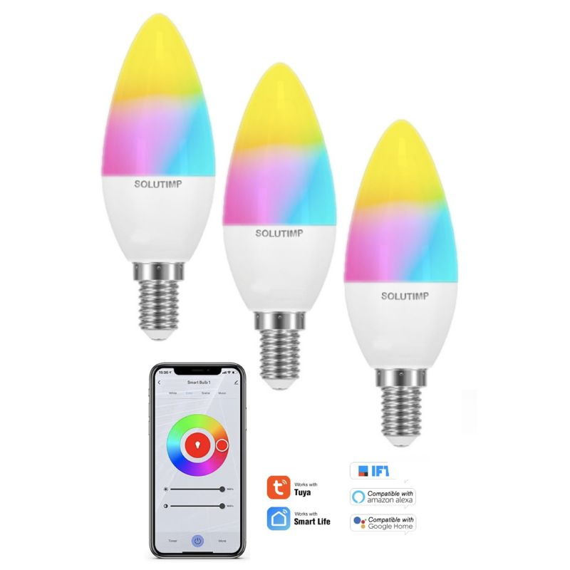 Pack 3 Ampolletas LED WIFI RGB soquete E14. Connexion wifi 2,4 Ghz. Potencia 5,5W LED equivalente a 60 watts. Funciones Color Fr Pack 3 Ampolletas LED WIFI RGB soquete E14. Connexion wifi 2,4 Ghz. Potencia 5,5W LED equivalente a 60 watts. Funciones Color Fr